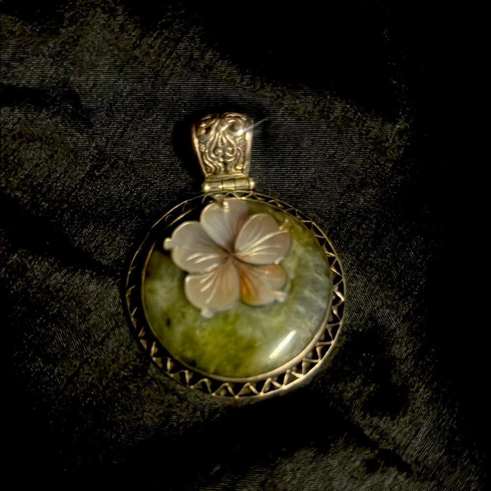 Sterling Green Stone Pendant with Mother-of-Pearl Flower Accent